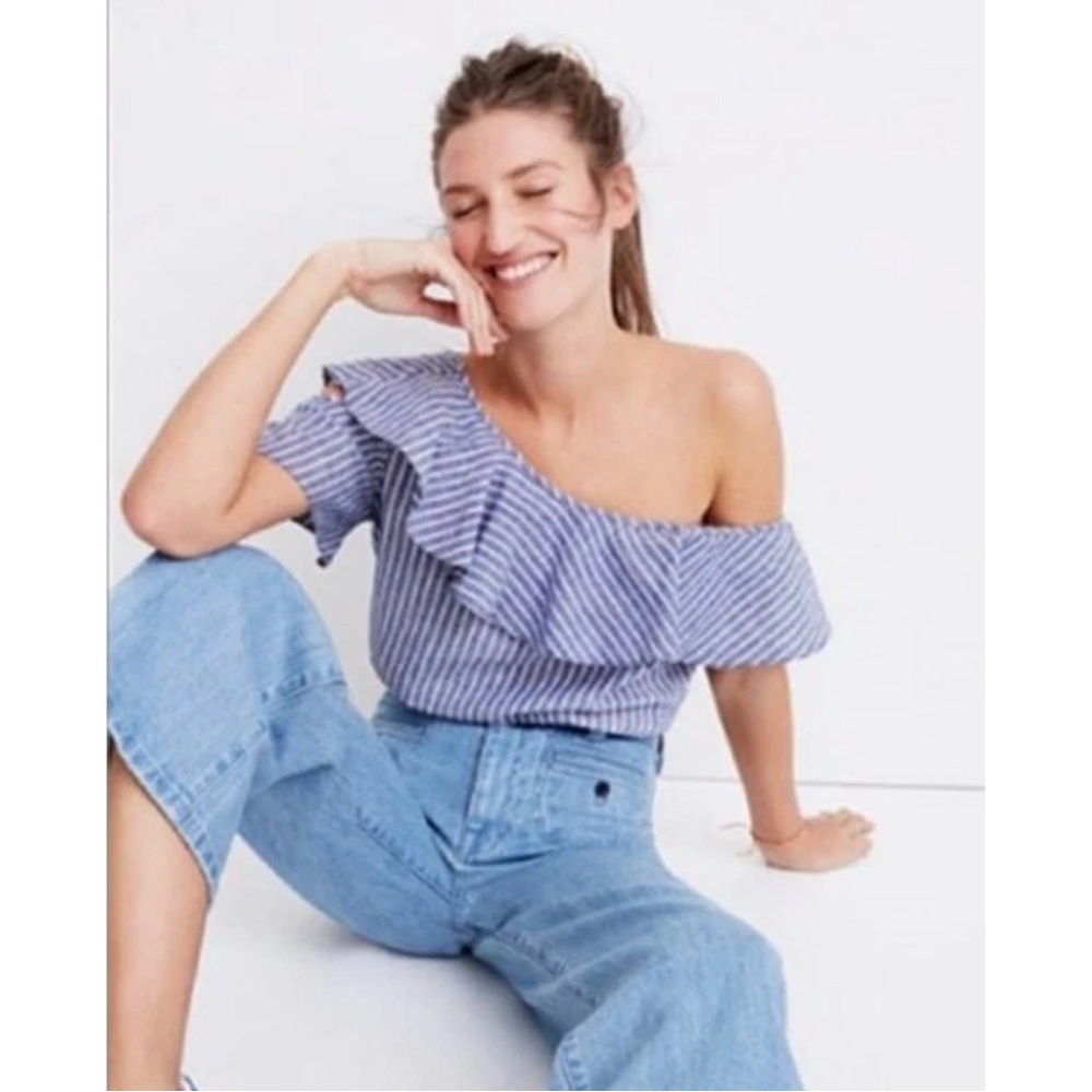 Madewell One Shoulder Ruffle Top Linen Cotton‎ Blend